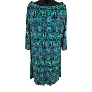 Tory Burch Shift Blue Green Geometric Silk Dress Medium M 3/4 Sleeve Stretch